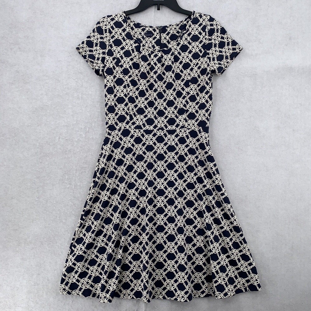 Talbots Jersey Navy White Chainlink Print Short Sleeve Fit and Flare Dress Small